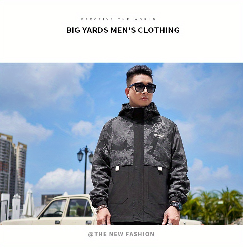 plus size mens rock texture print hooded coat handsome jacket for fall winter mens clothing details 5