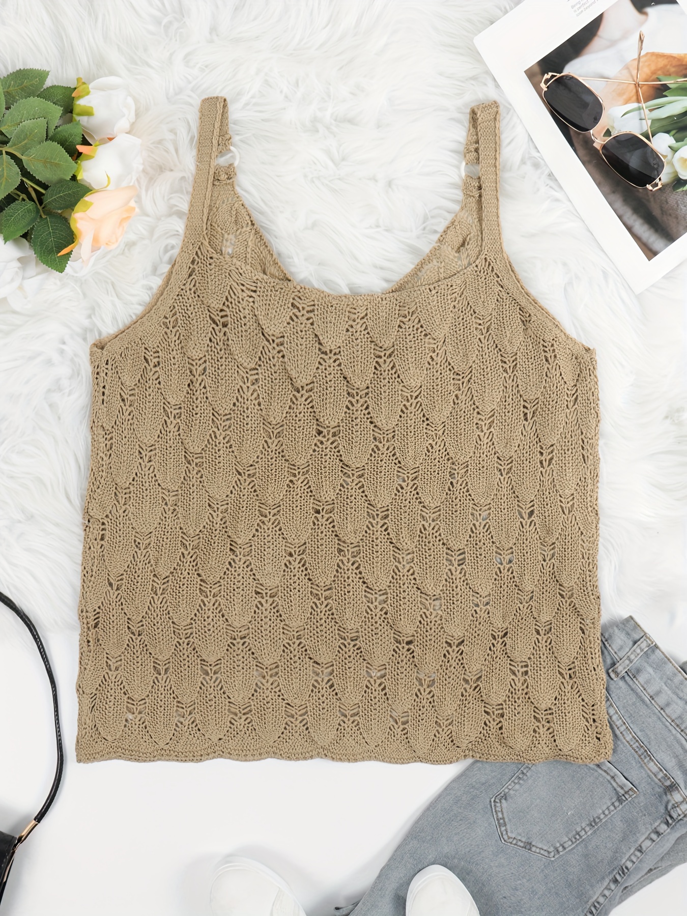 plus size solid hollow out cami top sleeveless knitted spaghetti strap casual top for summer womens plus size clothing details 5