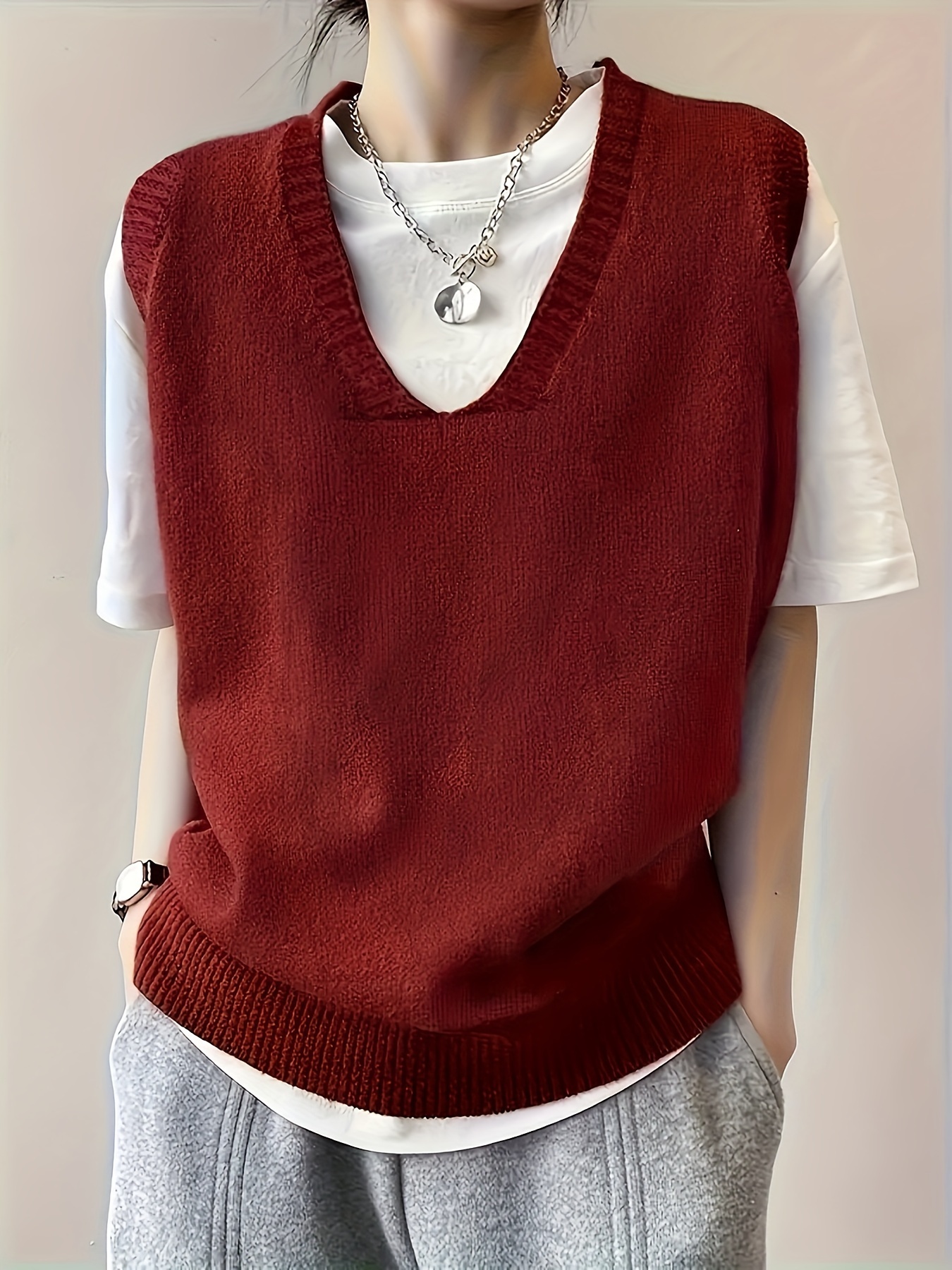 plus size solid simple sweater vest casual v neck sleeveless knitted vest womens plus size clothing details 0