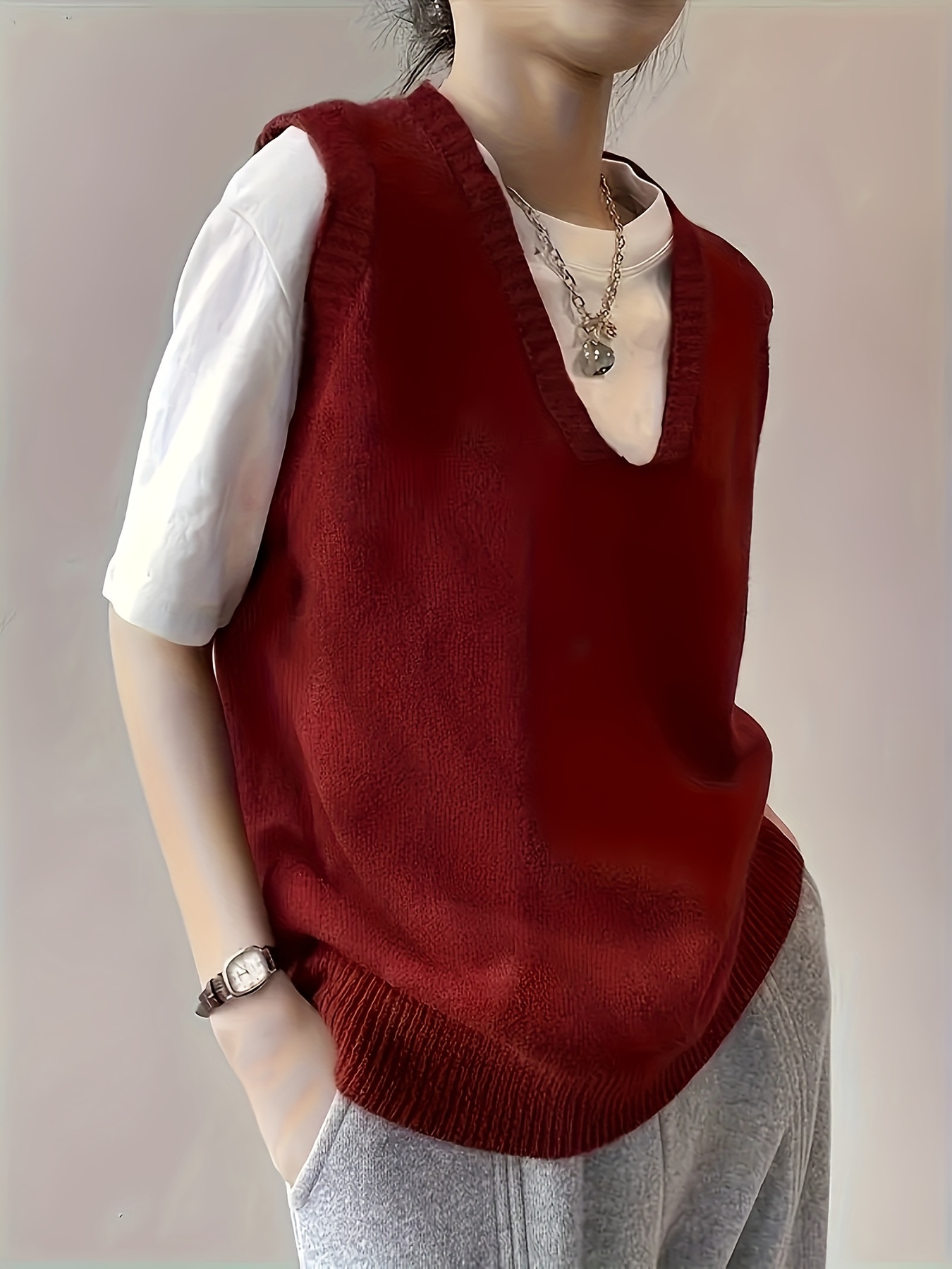 plus size solid simple sweater vest casual v neck sleeveless knitted vest womens plus size clothing details 1