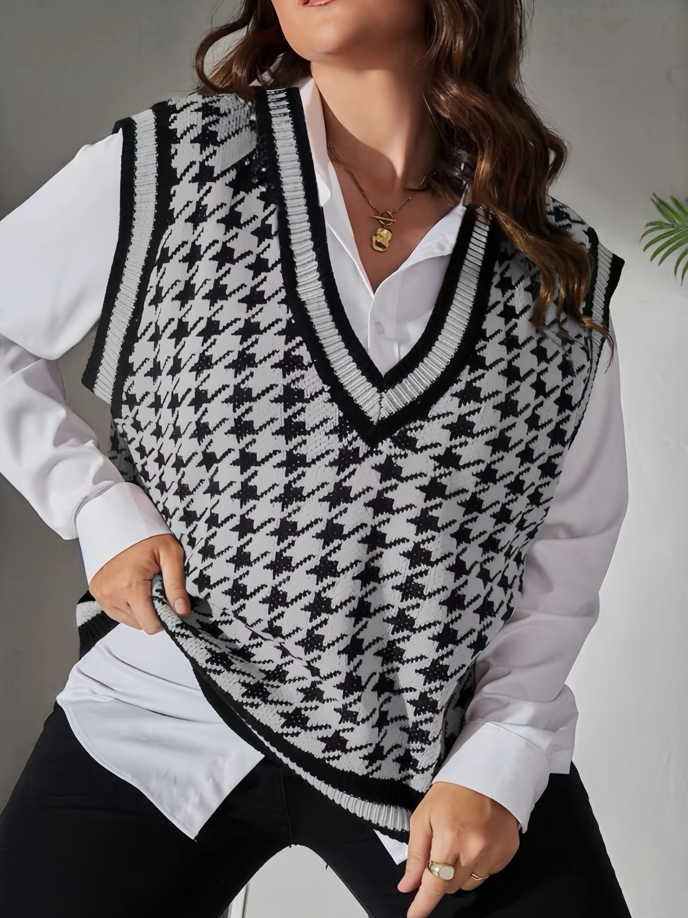 plus size houndstooth print sweater vest preppy v neck sleeveless vest womens plus size clothing details 0