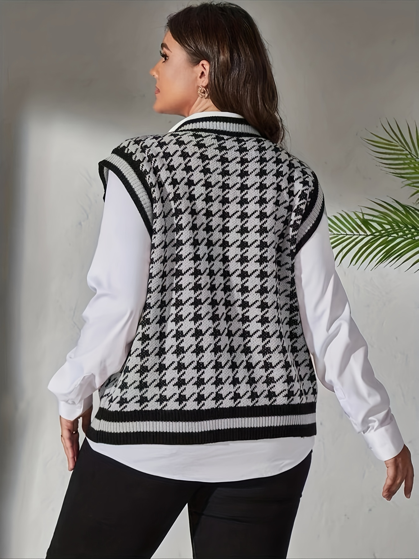 plus size houndstooth print sweater vest preppy v neck sleeveless vest womens plus size clothing details 2