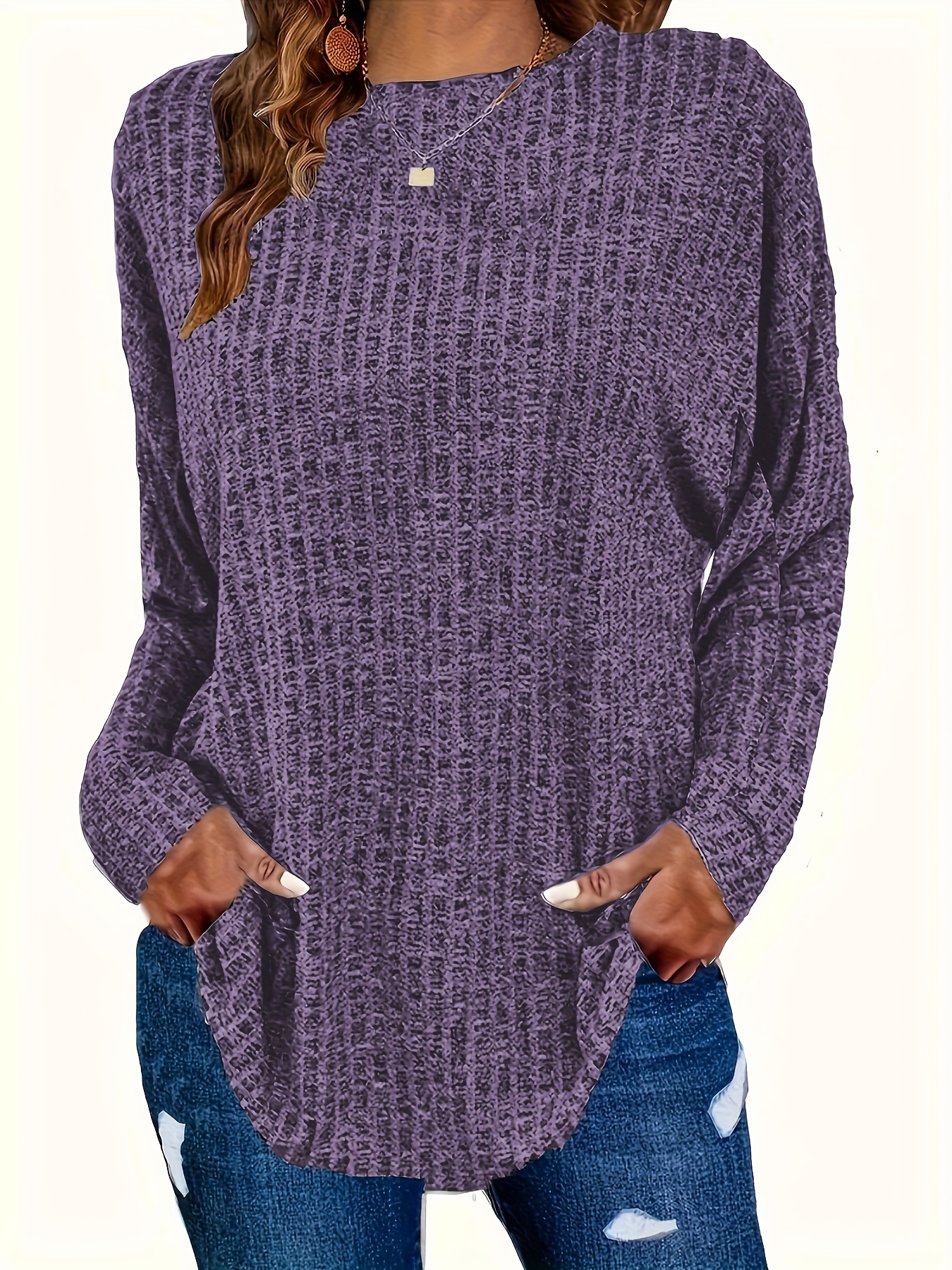 plus size solid ribbed top casual crew neck long sleeve top womens plus size clothing details 3