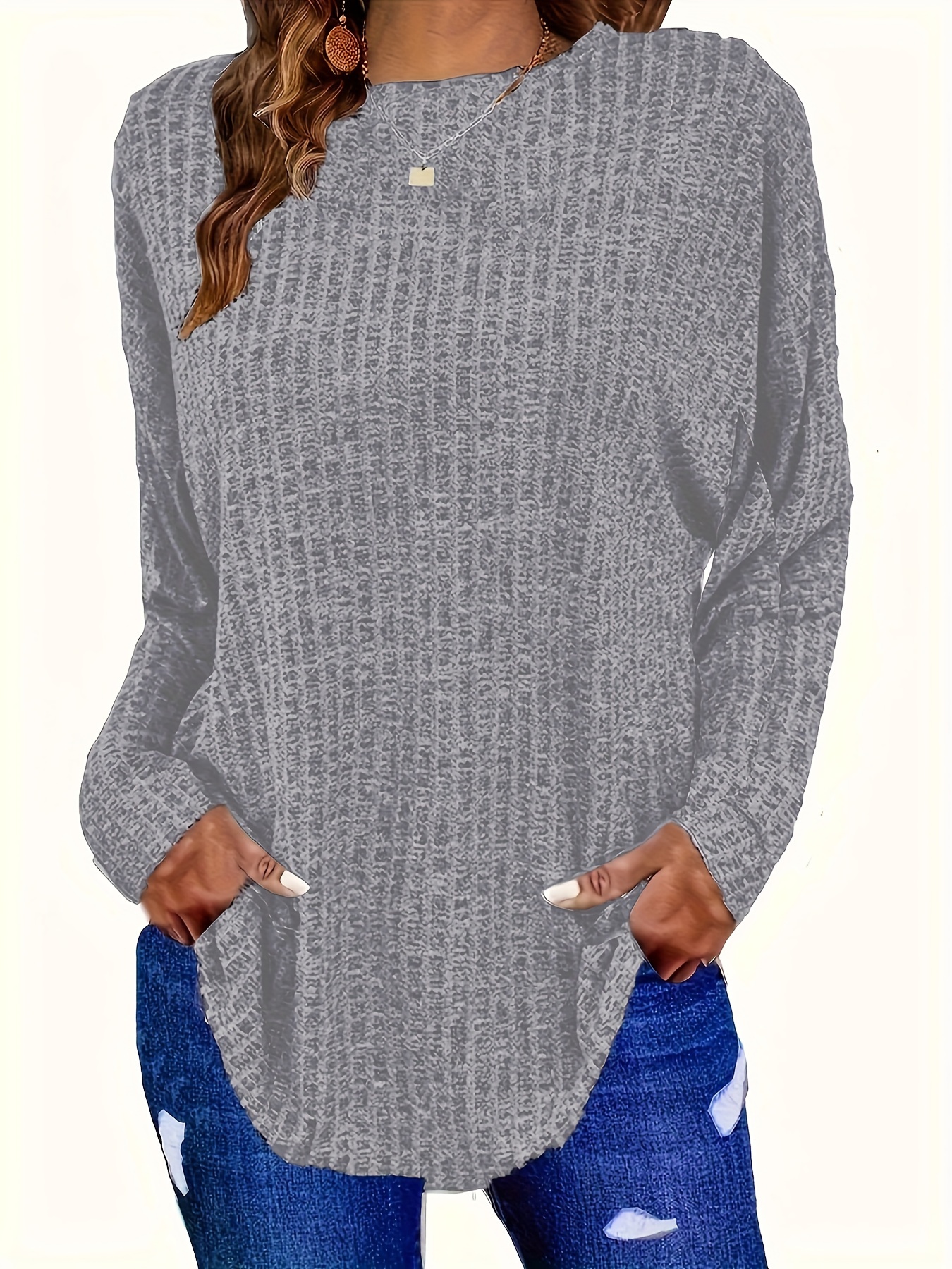 plus size solid ribbed top casual crew neck long sleeve top womens plus size clothing details 9