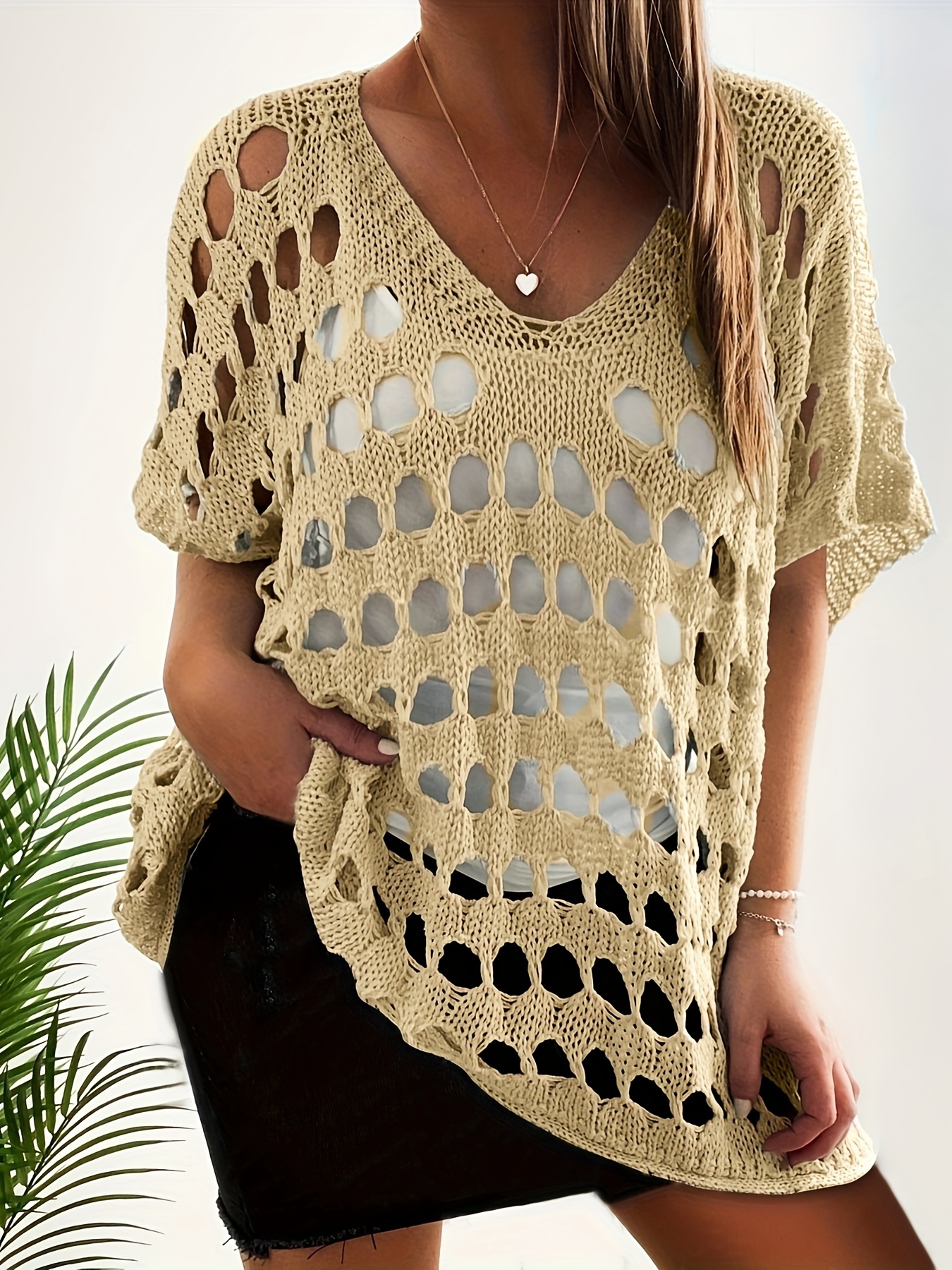 plus size hollow out cover up knitted top casual beach wear batwing sleeve v neck sweater womens plus size clothing details 4