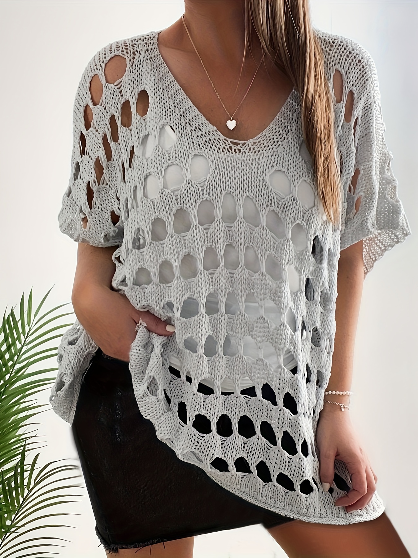 plus size hollow out cover up knitted top casual beach wear batwing sleeve v neck sweater womens plus size clothing details 7