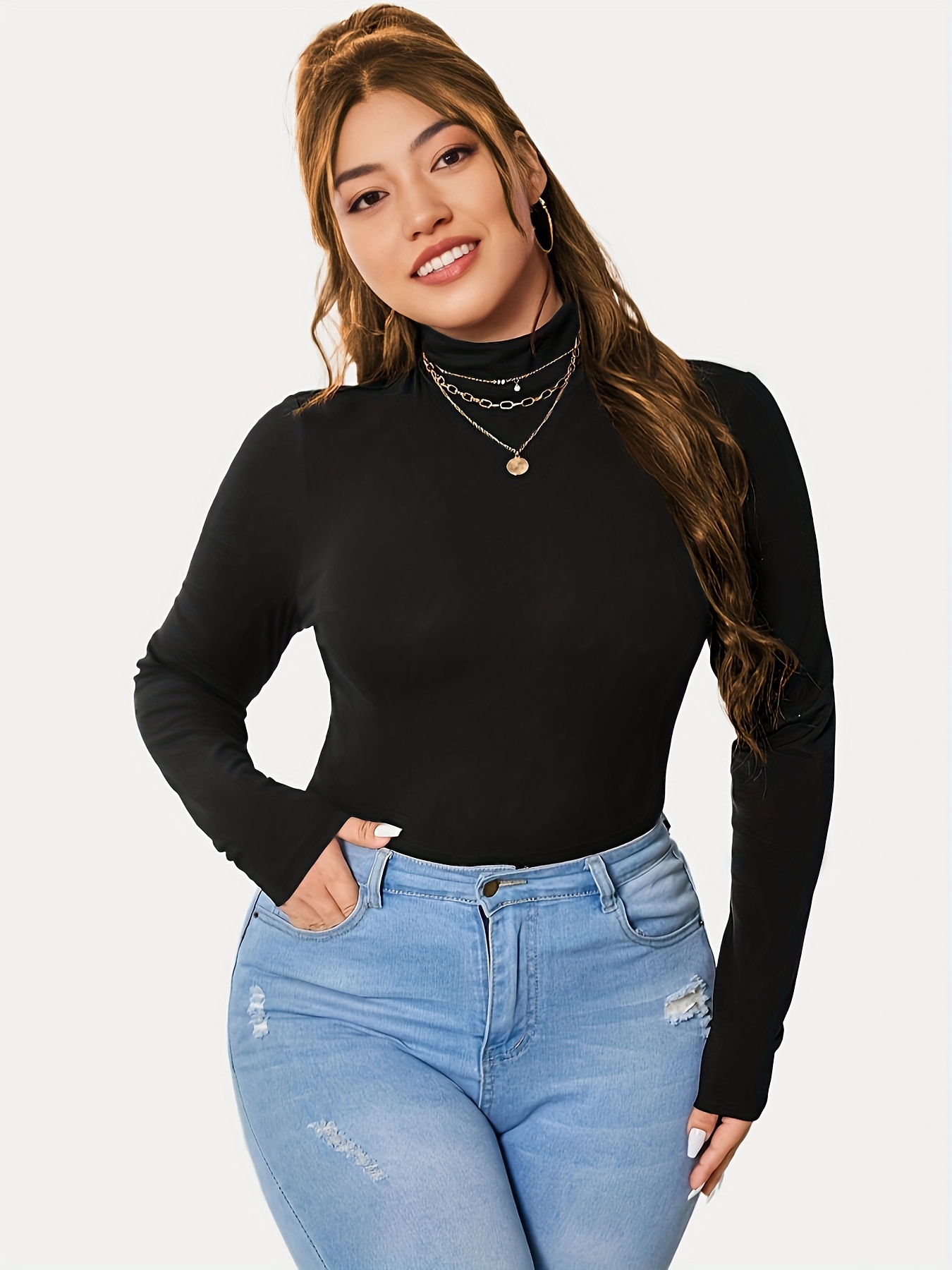 plus size basic top womens plus solid long sleeve high neck skinny high stretch top details 3