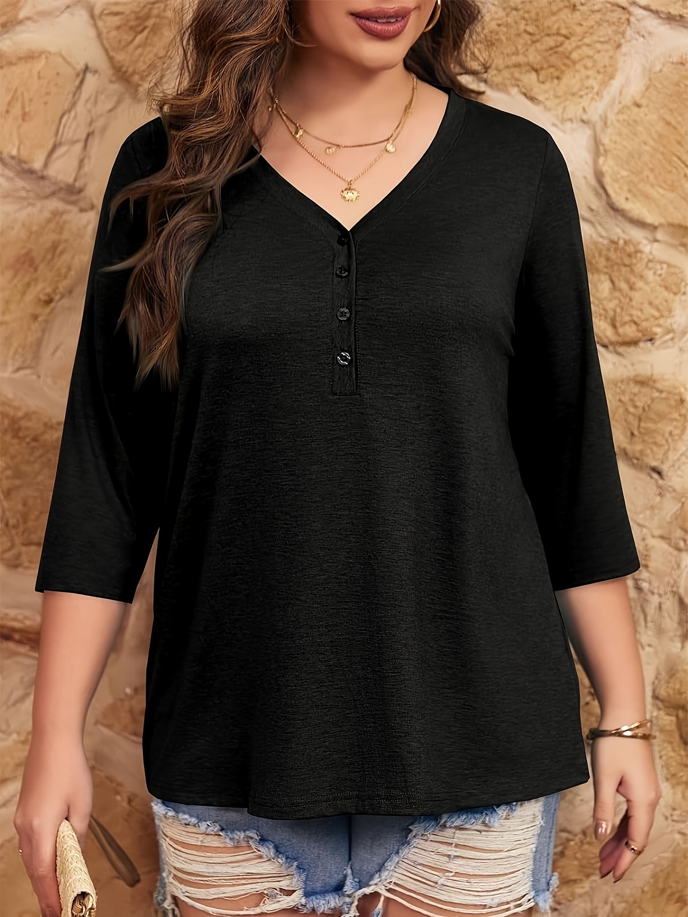 women plus size tops v neck 3 4 sleeve casual tshirts loose basic tunic tees details 3