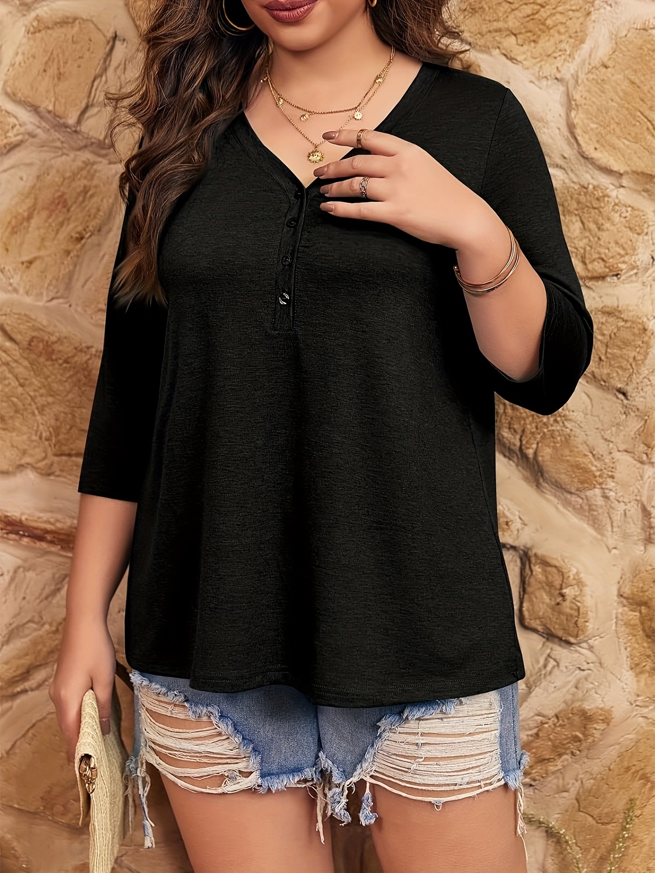 women plus size tops v neck 3 4 sleeve casual tshirts loose basic tunic tees details 4