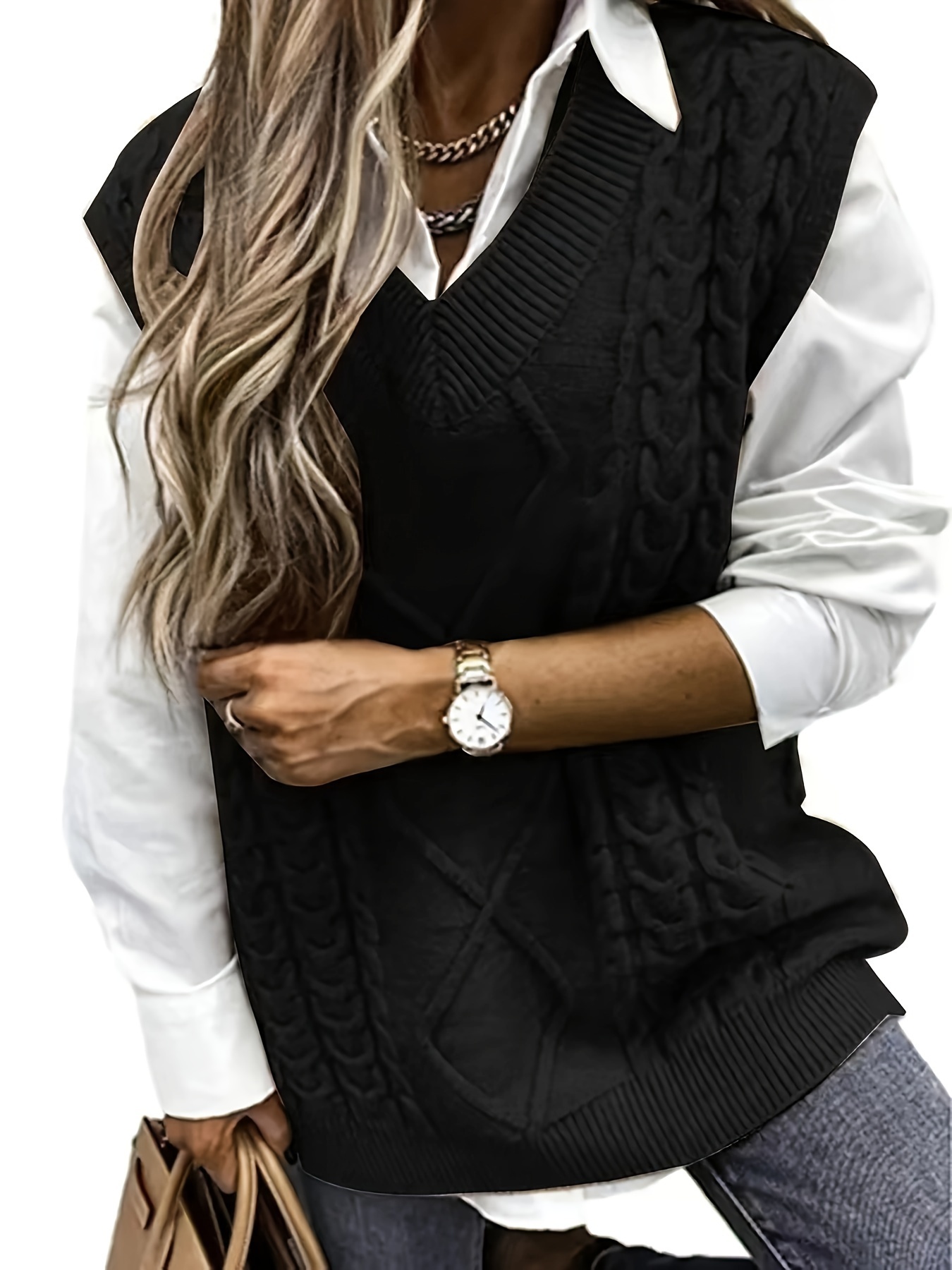 plus size argyle textured sweater vest casual v neck sleeveless vest womens plus size clothing details 1