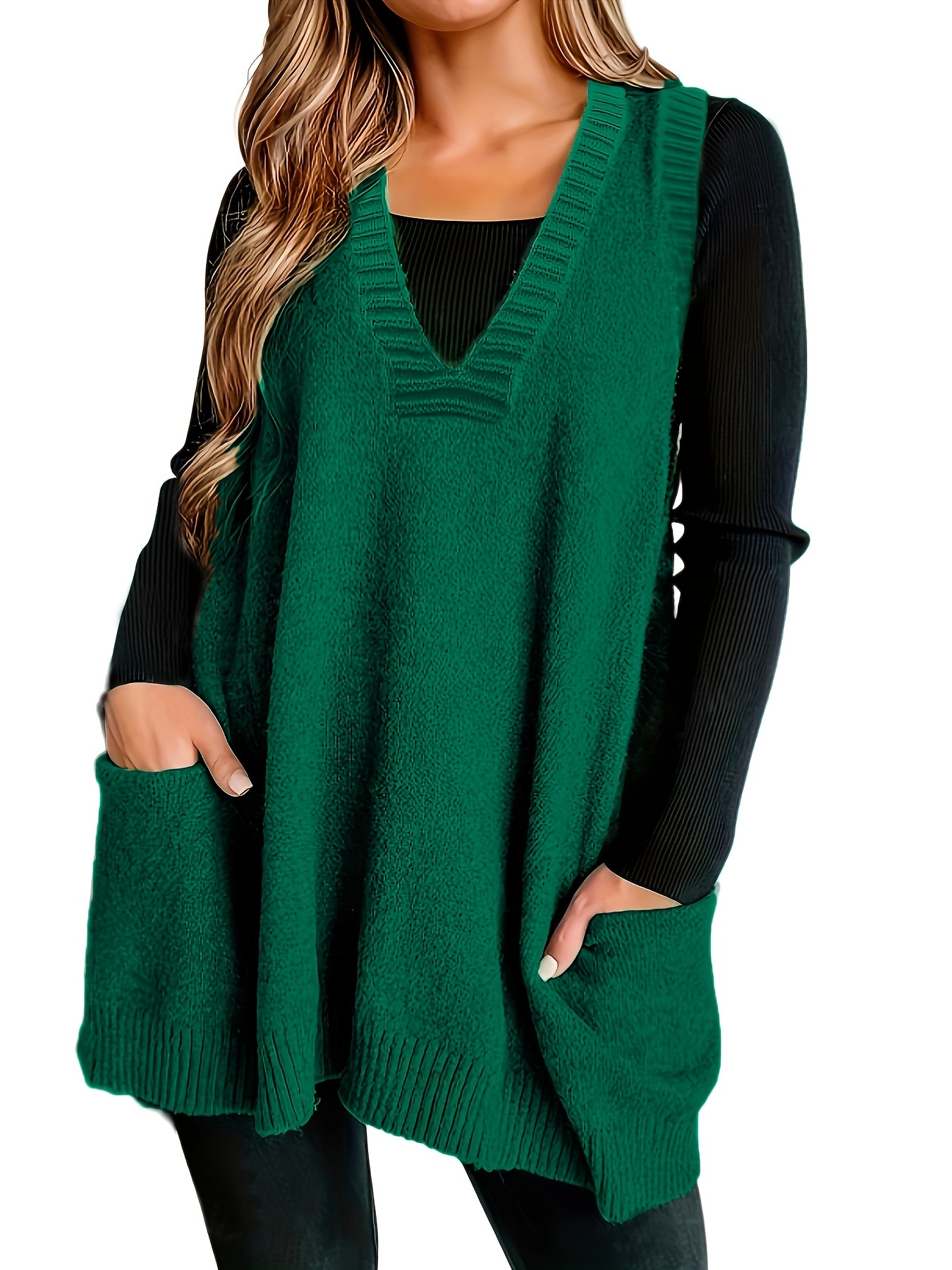 plus size v neck sweater vest casual side pockets sleeveless knitted vest for fall winter womens plus size clothing details 3