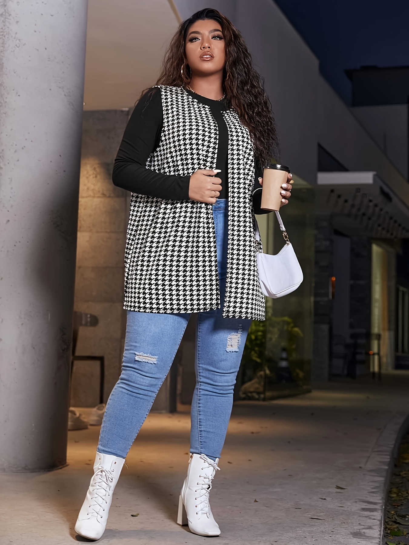 plus size houndstooth print vest casual sleeveless vest for spring fall womens plus size clothing details 10