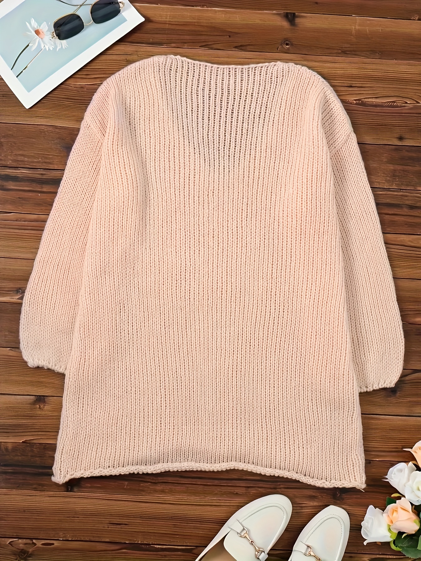 plus size solid color crochet knitted top casual long sleeve v neck top for spring fall womens plus size clothing details 1