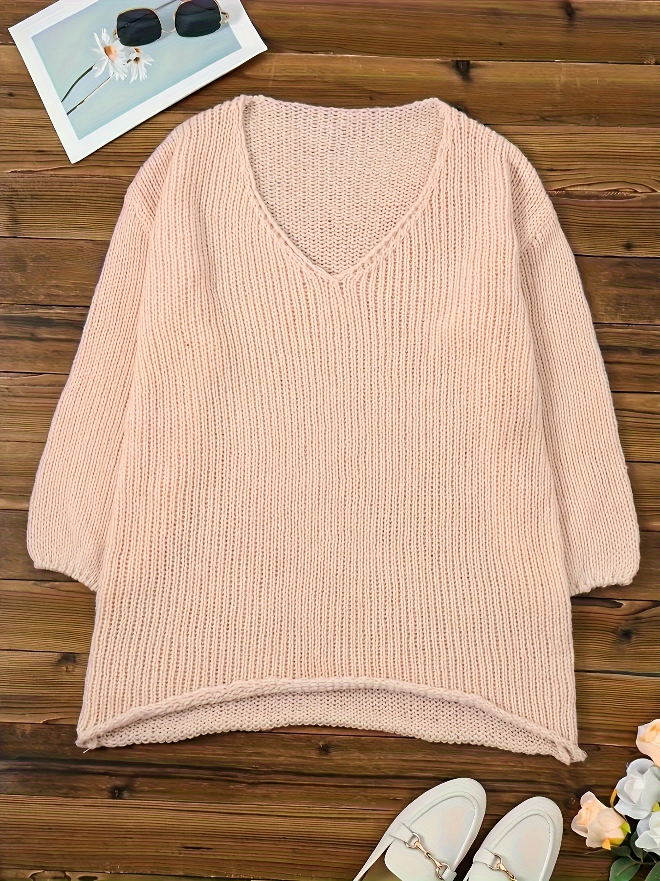 plus size solid color crochet knitted top casual long sleeve v neck top for spring fall womens plus size clothing details 2