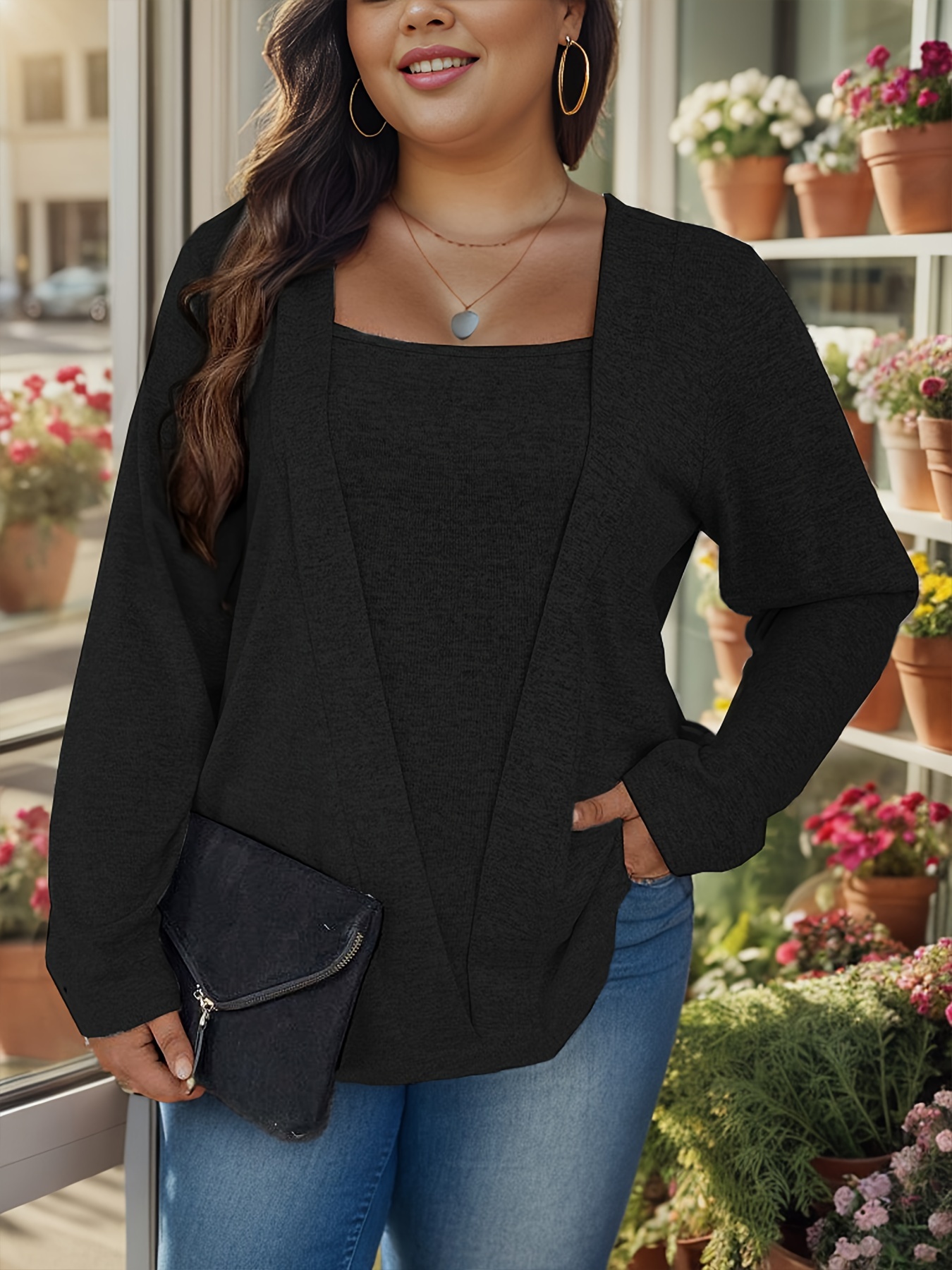 plus size solid color square neck knitted top elegant long sleeve knitted top for fall spring womens plus size clothing details 3